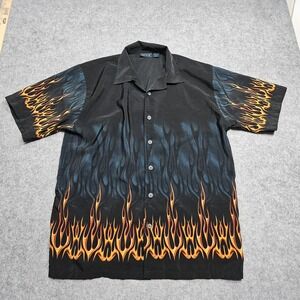 MT:2 Button Up Shirt Mens Larg Black Blue‎ Orange Flames Y2K Polyester Vintage